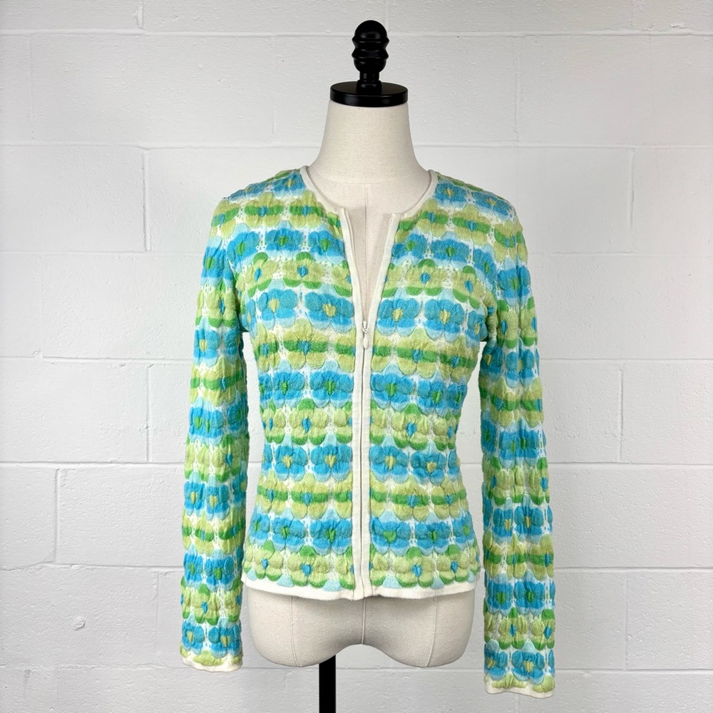 Vintage 90s Does 70s Blue Green Geo Knit Daisy Cardigan Grunge Hippie Petite S